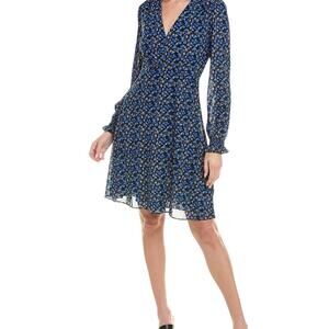 Cabi “Ten” Dress Blue Black Floral Long Sleeve V-Neck Wrap Style Size M | Fall
